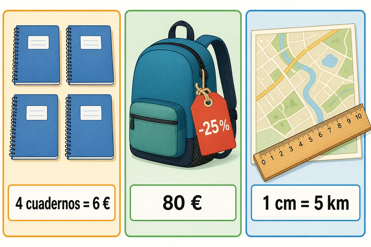 Mercado escolar con cuatro cuadernos por 6 €, una mochila marcada 80 € y 25 % de descuento, y un plano cuya escala indica 1 cm = 5 km.