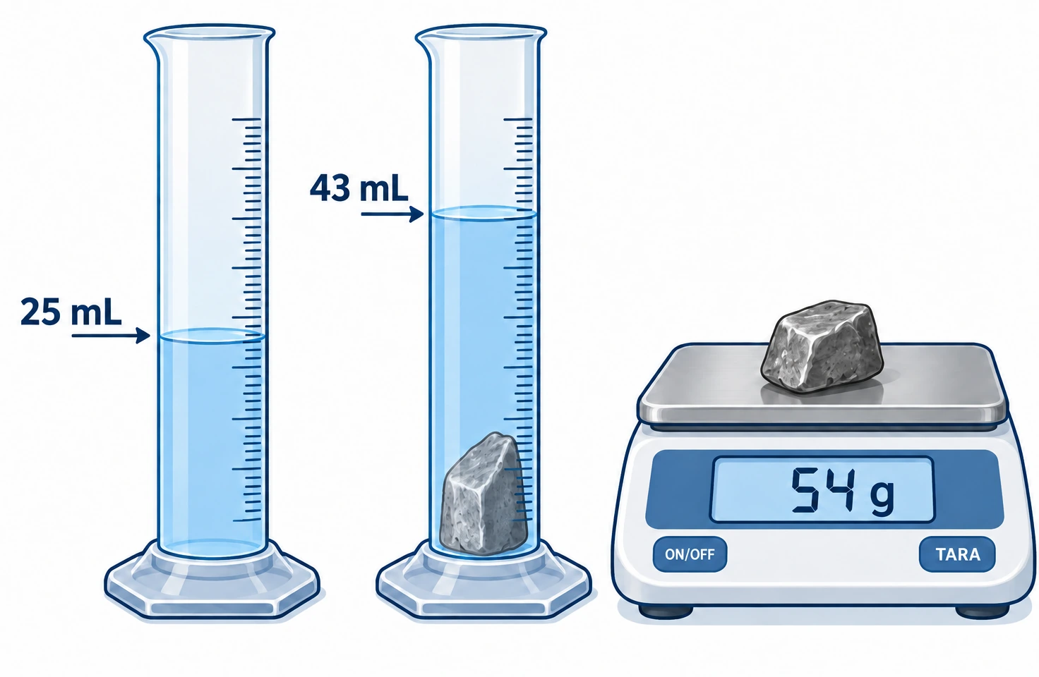Una piedra eleva el nivel de agua de una probeta de 25 a 43 mL; una balanza indica una masa de 54 g.