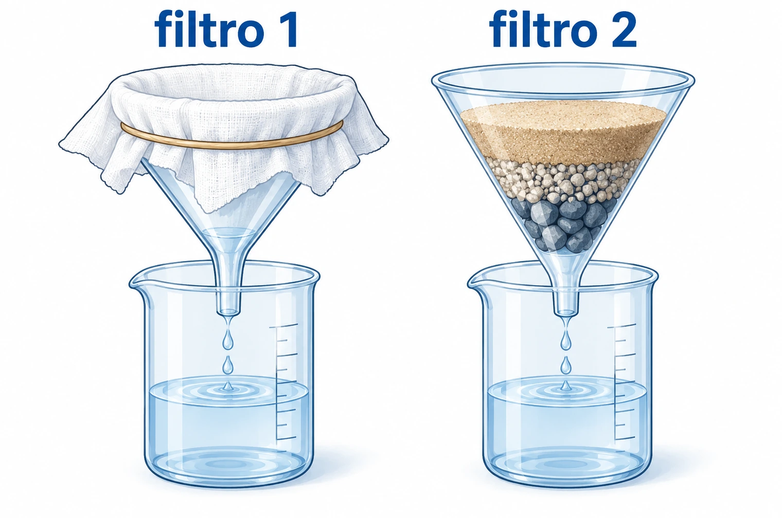 Dos filtros vierten agua en vasos: el primero usa tela y el segundo capas de arena y piedras.