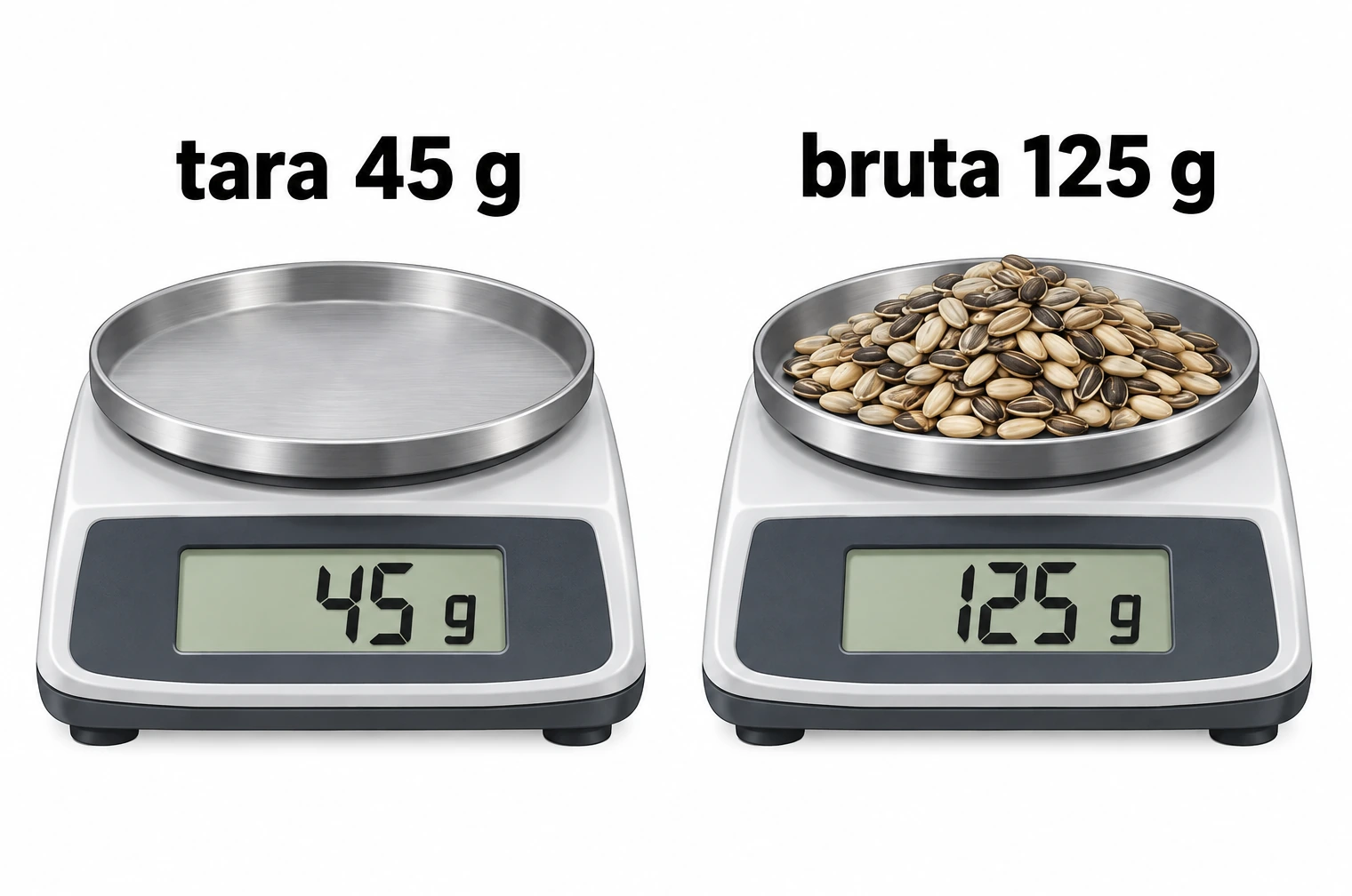 Una balanza con un plato vacío indica una tara de 45 g; con semillas, la masa bruta indicada es 125 g.