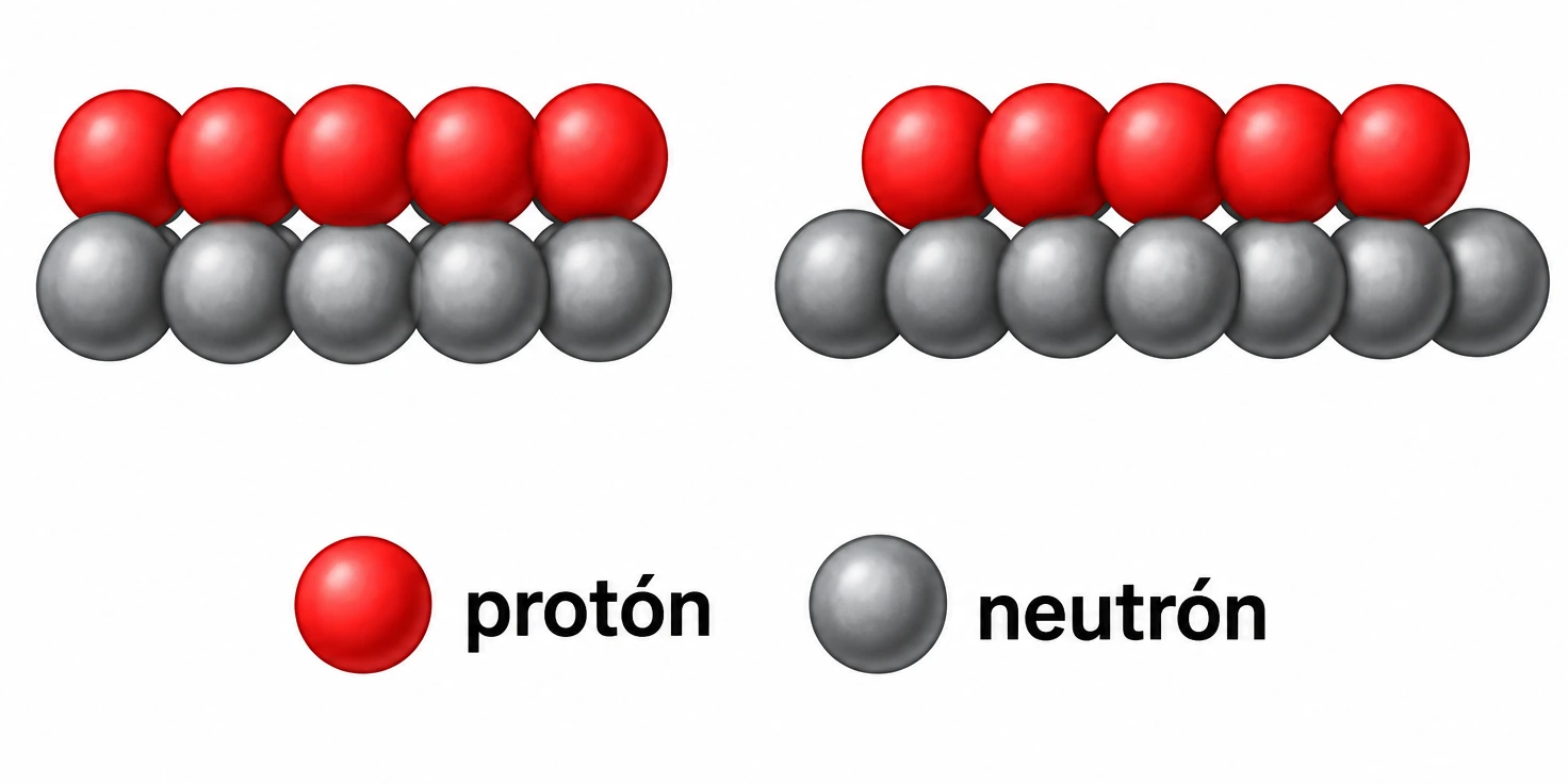 Dos núcleos representados con cinco protones rojos cada uno y distinto número de neutrones grises; la leyenda identifica ambas partículas.