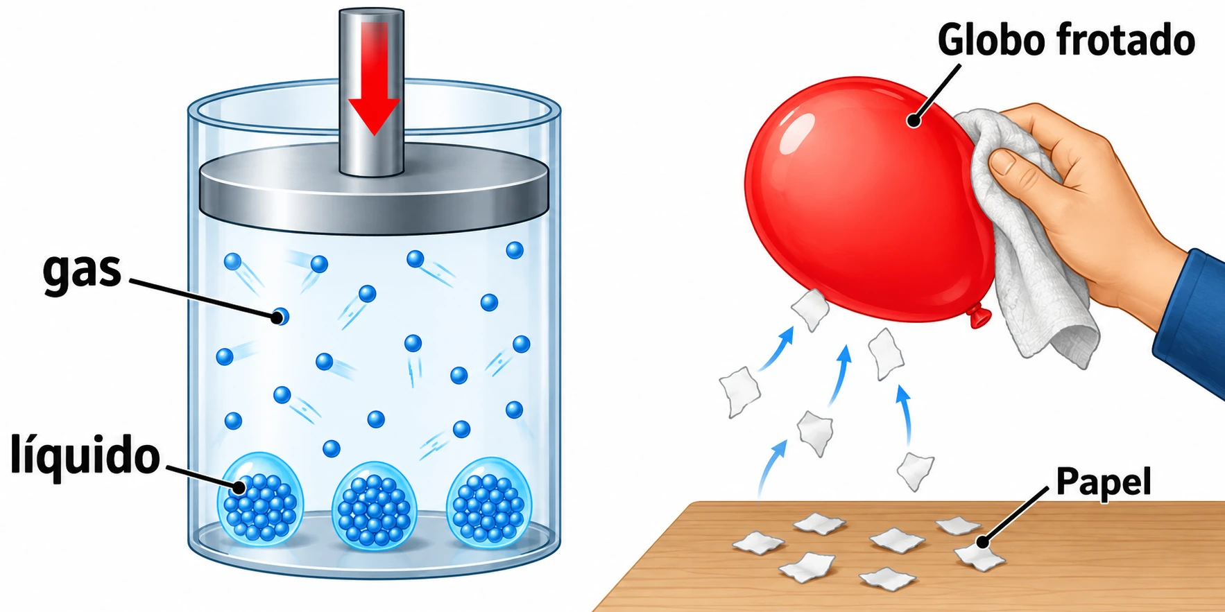 Un pistón comprime un recipiente con gas y gotas de líquido; al lado, un globo frotado atrae trozos de papel.