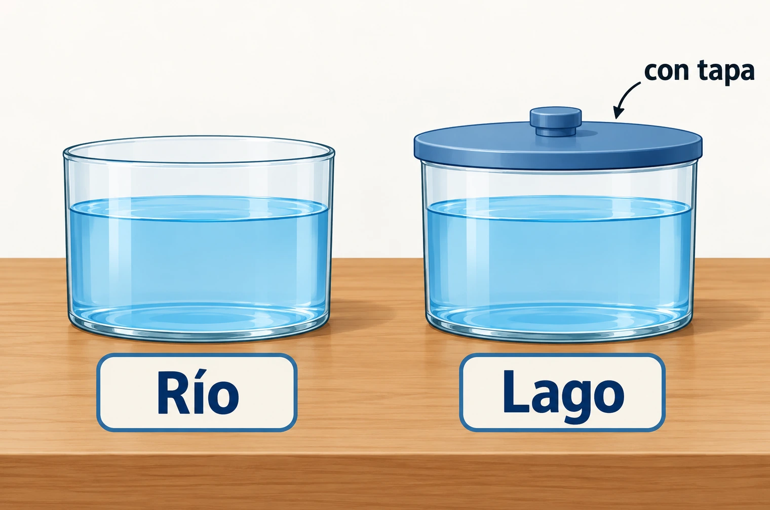 Dos recipientes con agua, rotulados Río y Lago; el segundo tiene tapa.