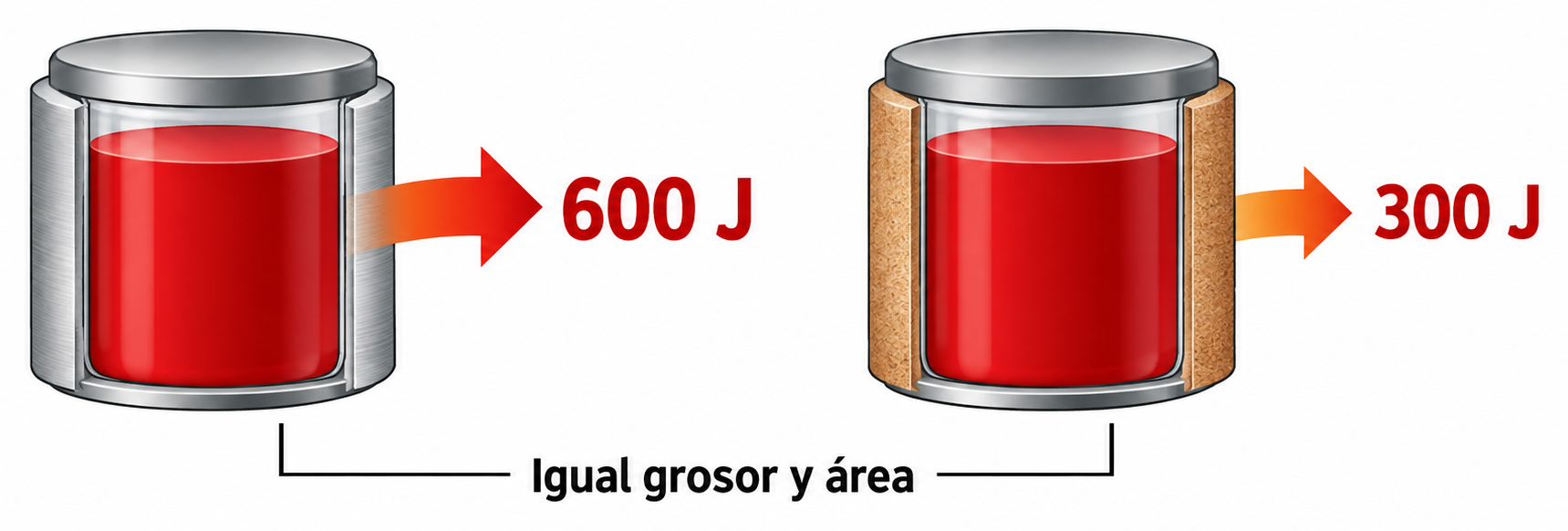 Dos recipientes con envolturas de igual grosor y área muestran salidas de 600 J y 300 J.