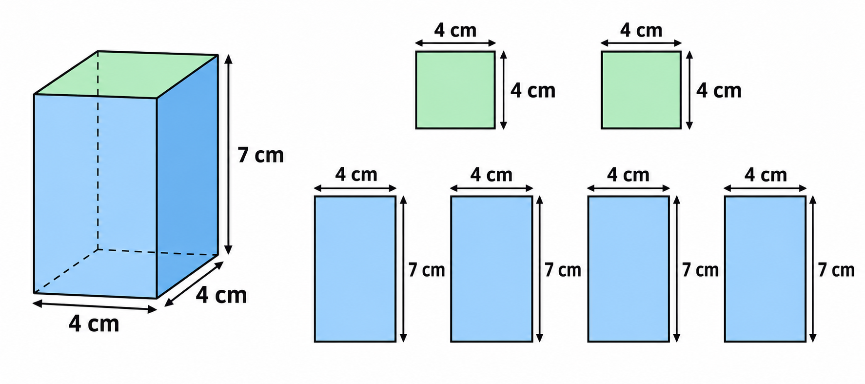 Caja con tapas cuadradas de 4 por 4 cm y cuatro caras laterales de 4 por 7 cm; junto a ella, las seis caras identificadas sin pestañas.