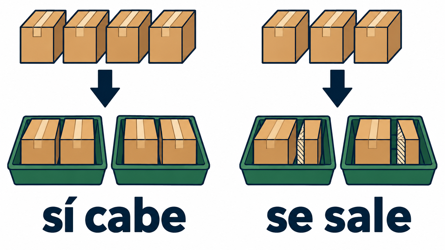 Cuatro paquetes se reparten en dos bandejas con paquetes enteros; tres paquetes se reparten en dos bandejas con un entero y medio por bandeja.