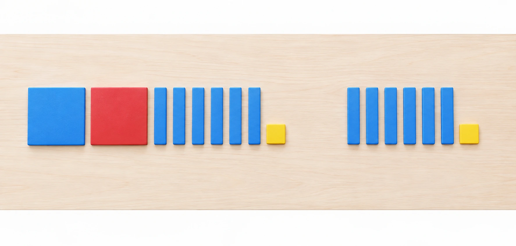 Fichas algebraicas sobre una mesa: dos cuadrados grandes de distinto color y dos grupos iguales de seis rectángulos azules y un cuadrado amarillo.