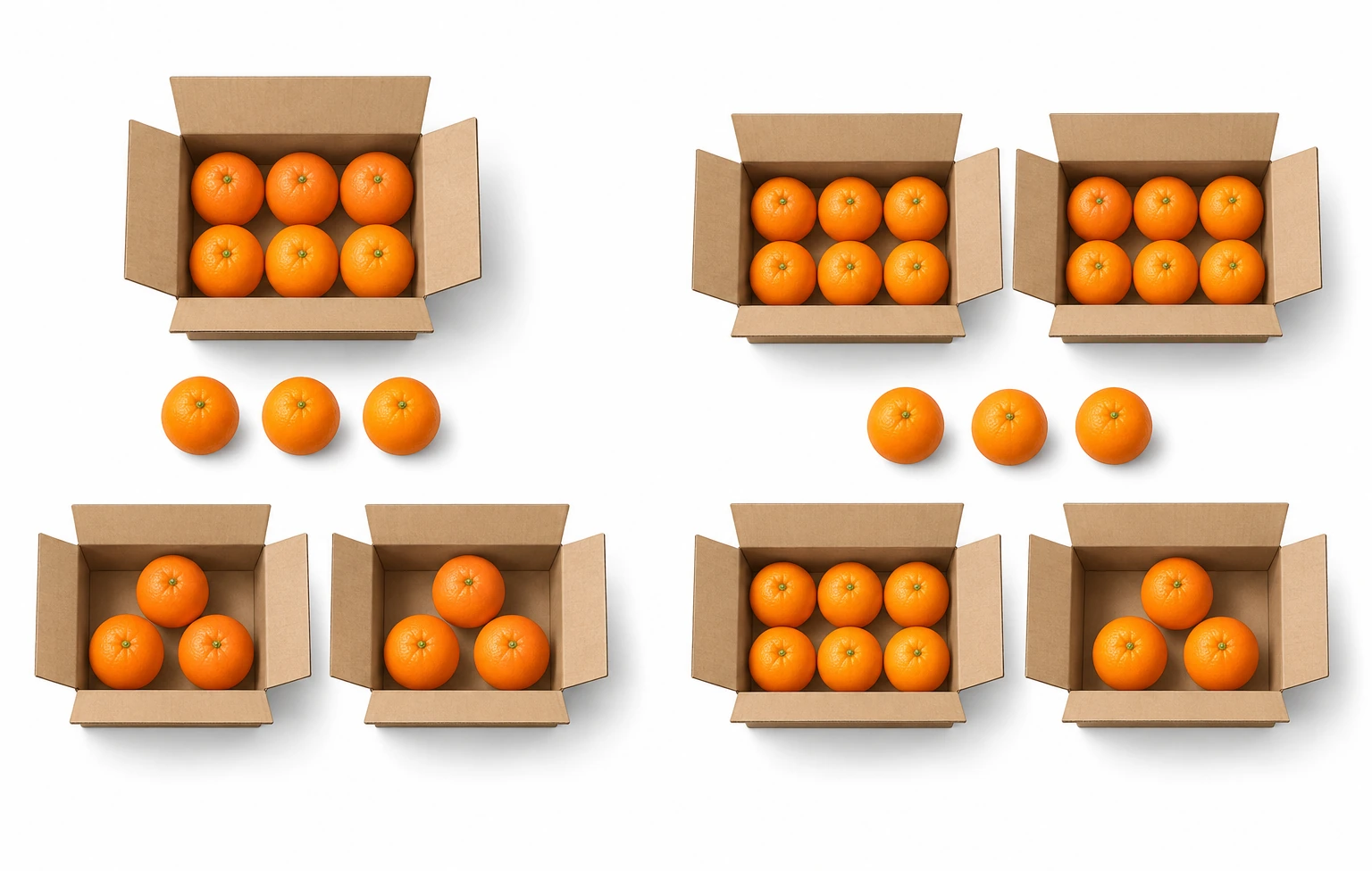Cajas con naranjas en grupos de seis y tres, junto a naranjas sueltas, dispuestas para comparar distintas agrupaciones.
