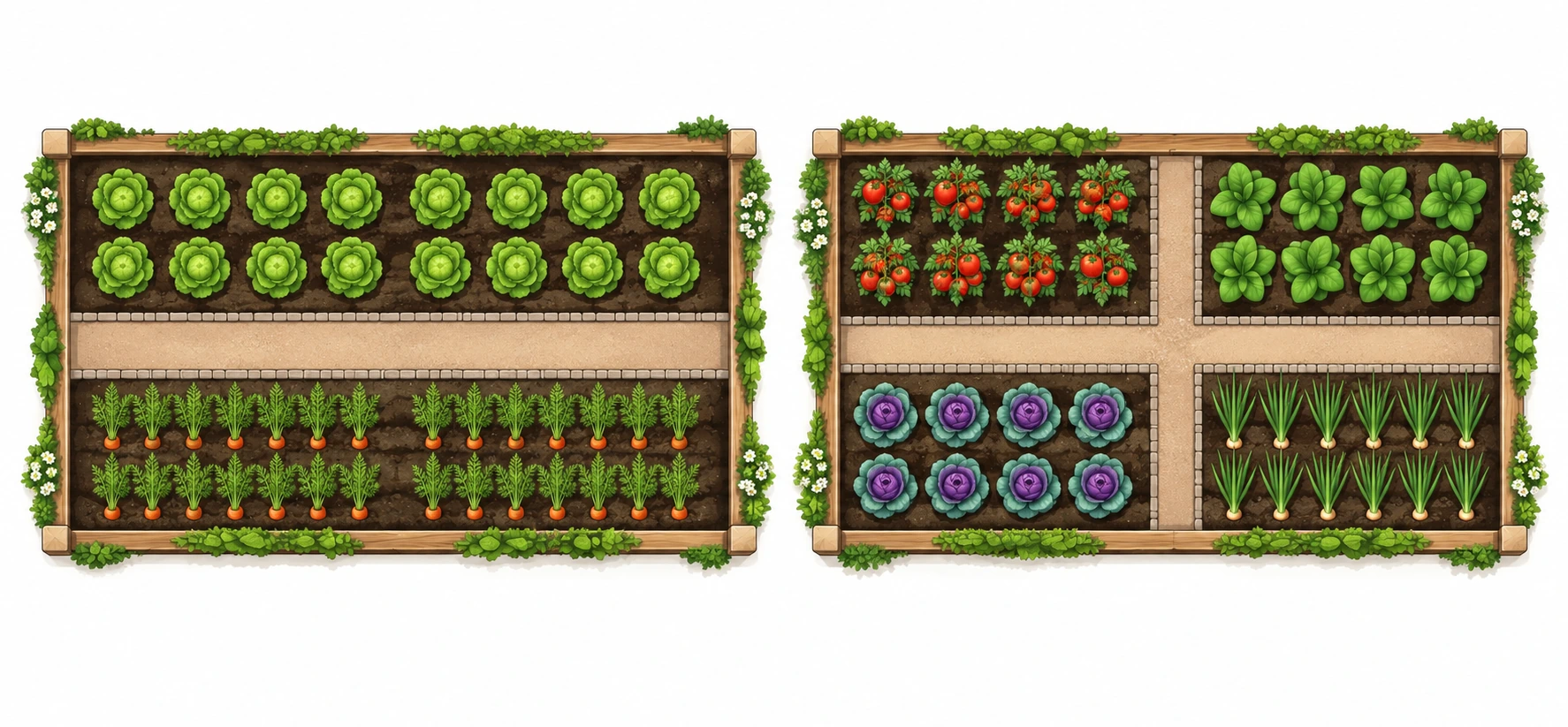 Dos huertos rectangulares: uno dividido en dos franjas de cultivo y otro en cuatro parcelas por caminos que se cruzan.