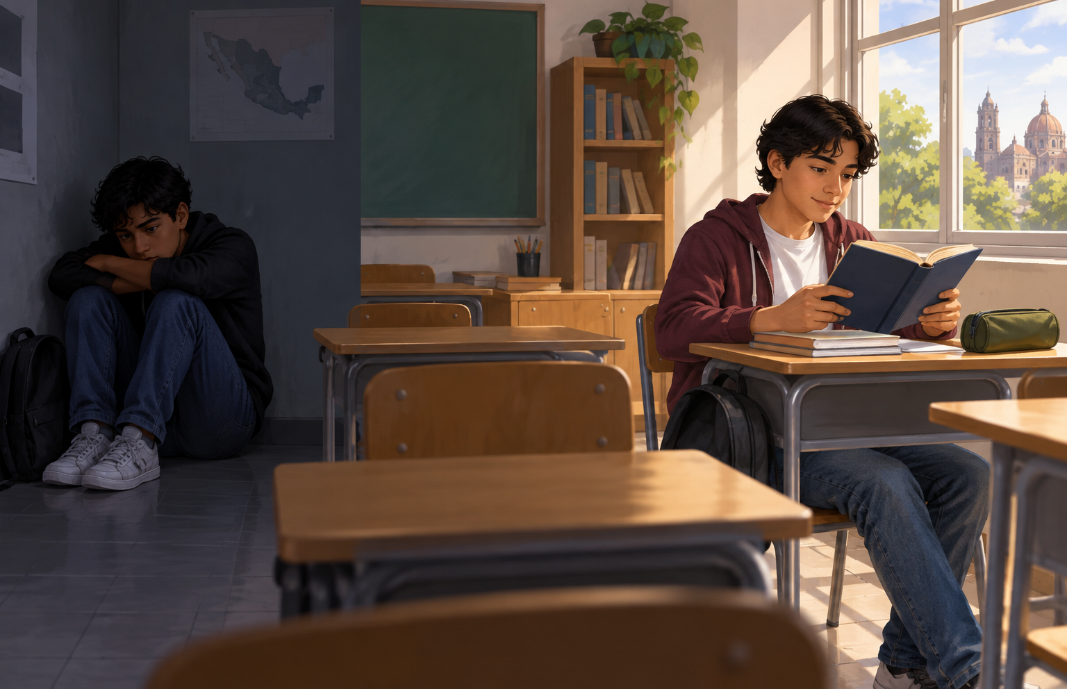 En la misma aula, un joven aparece sentado en el suelo de un rincón oscuro y leyendo un libro junto a una ventana luminosa.