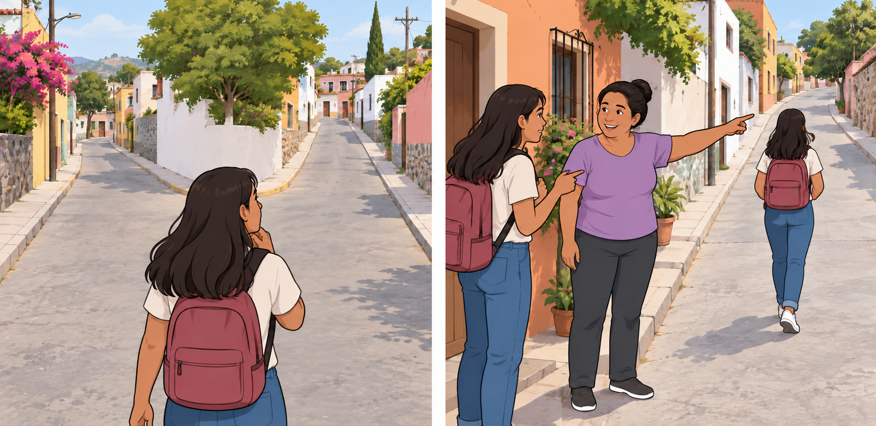Una joven con mochila mira dos calles; después consulta a una mujer que señala una dirección y continúa por esa calle.