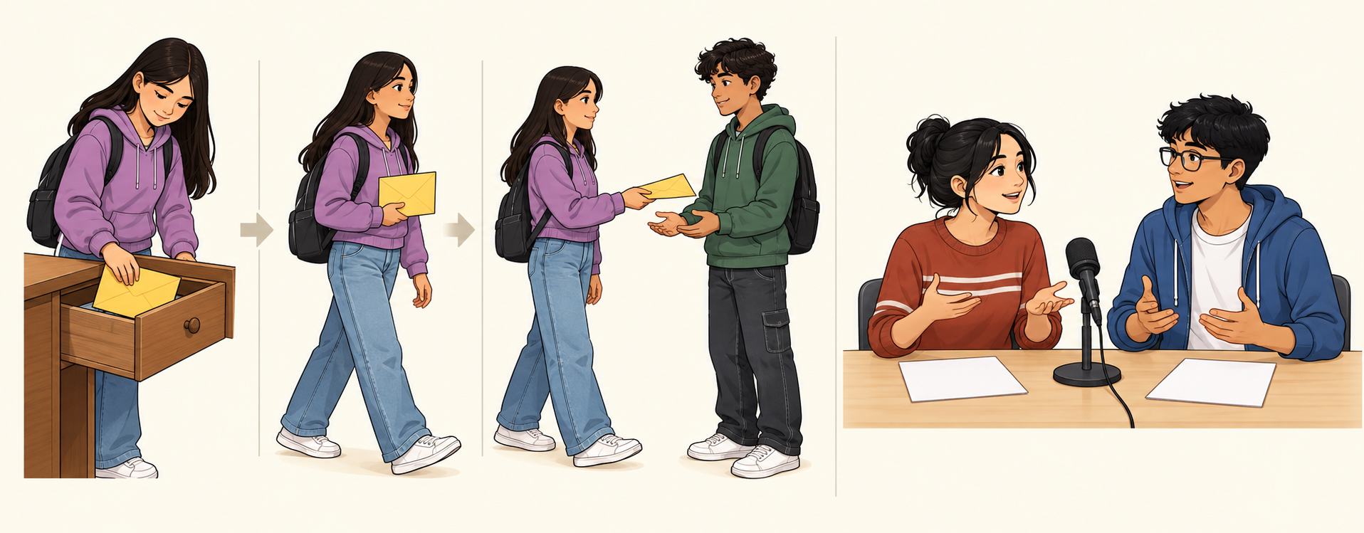 Una chica saca una carta de un cajón, la lleva y la entrega a un chico; al lado, dos jóvenes conversan ante un micrófono.