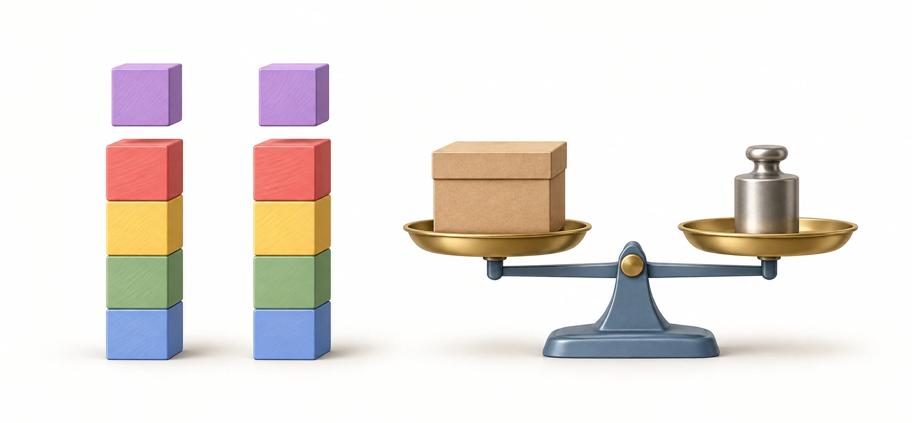 Dos torres iguales de cuatro cubos y un cubo morado separado sobre cada una; al lado, una caja y una pesa equilibran una balanza.