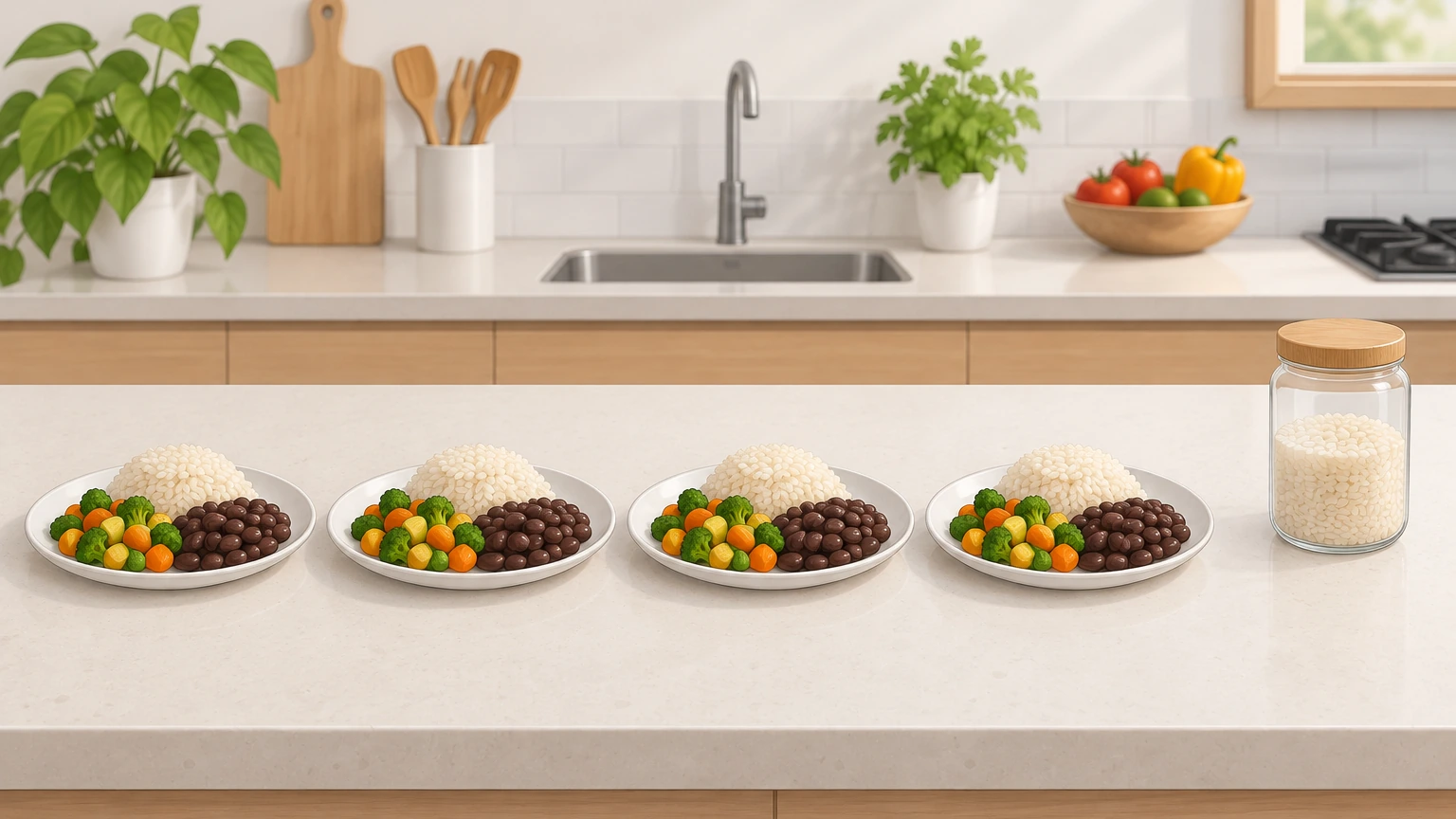 Cuatro platos de arroz, frijoles y verduras junto a un frasco de arroz en una cocina.