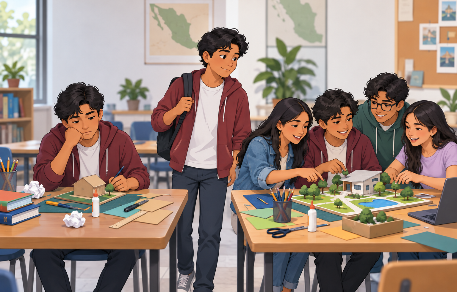 Un joven hace una maqueta solo; después, el mismo joven participa con otros tres estudiantes en una maqueta más grande.