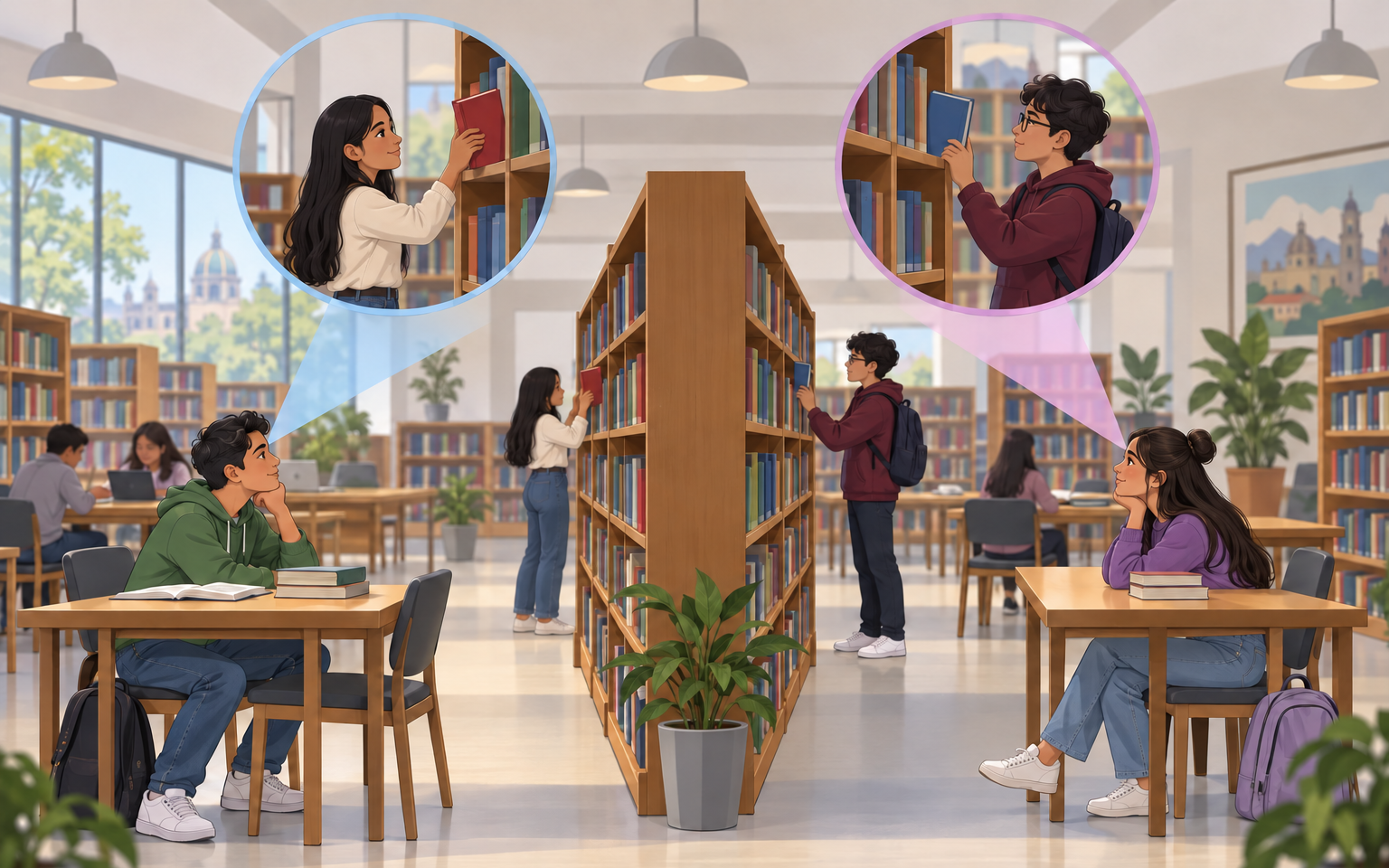 Dos estudiantes observan lados distintos de una estantería; dos ampliaciones muestran a una chica sacando un libro rojo y a un chico sacando uno azul.