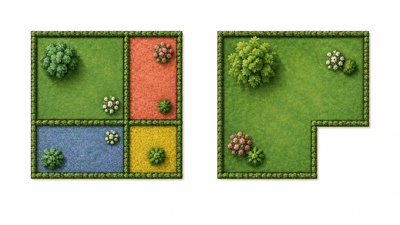 Un jardín cuadrado dividido en cuatro regiones de colores y otro jardín verde en forma de L.