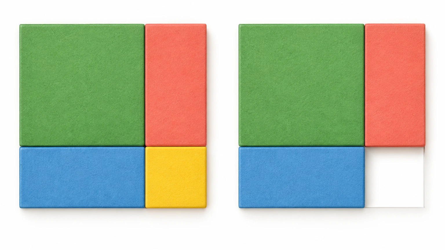 Dos montajes cuadrados de piezas verde, roja y azul; uno incluye un cuadrado amarillo y el otro conserva ese espacio vacío.