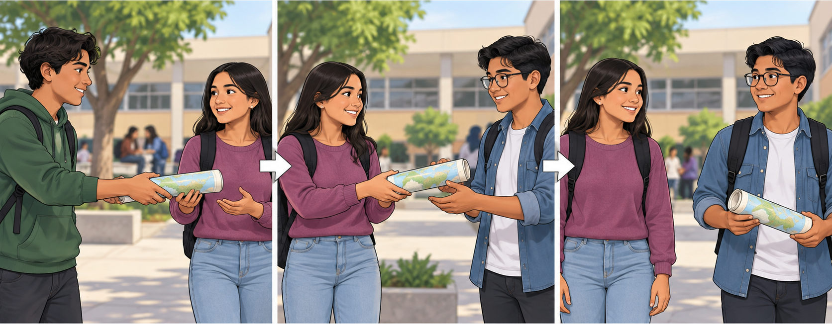 Tres escenas muestran un mapa enrollado que pasa de un joven a una chica y de ella a otro joven con gafas.