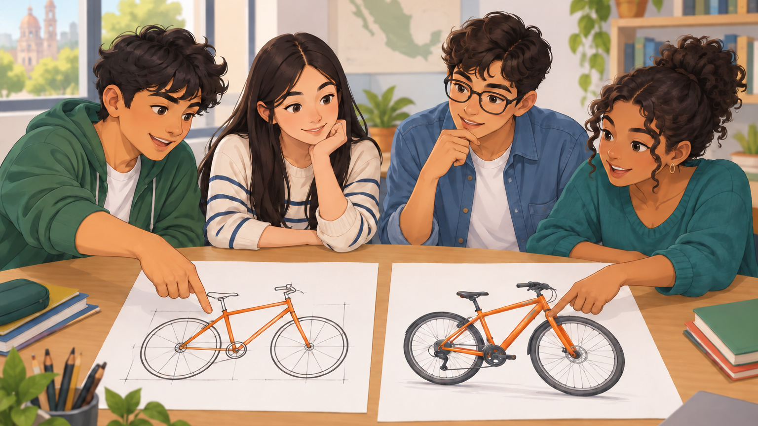 Cuatro jóvenes comparan sobre una mesa un dibujo lineal de bicicleta y una representación más detallada de la misma bicicleta.
