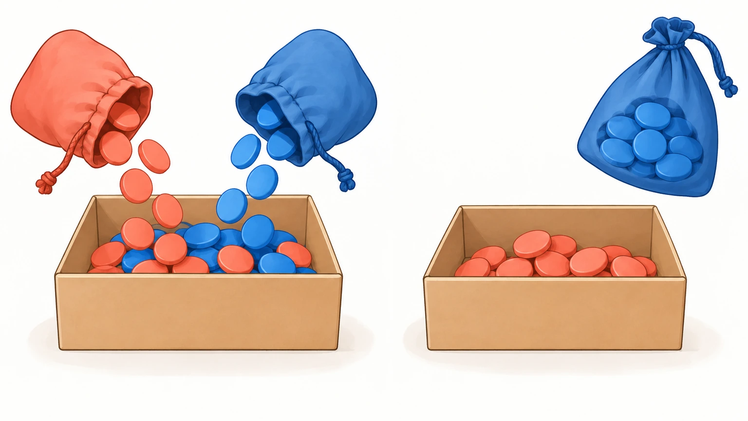 Bolsas de fichas rojas y azules se vacían en una caja; al lado, las fichas azules están en una bolsa y quedan rojas en la caja.