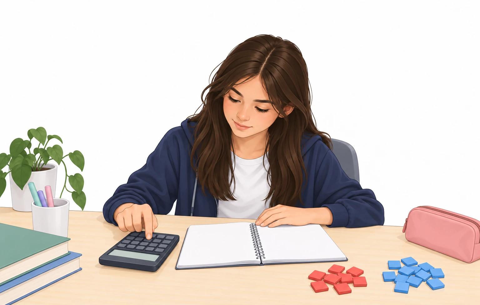 Una estudiante usa una calculadora junto a un cuaderno abierto y grupos de fichas rojas y azules.