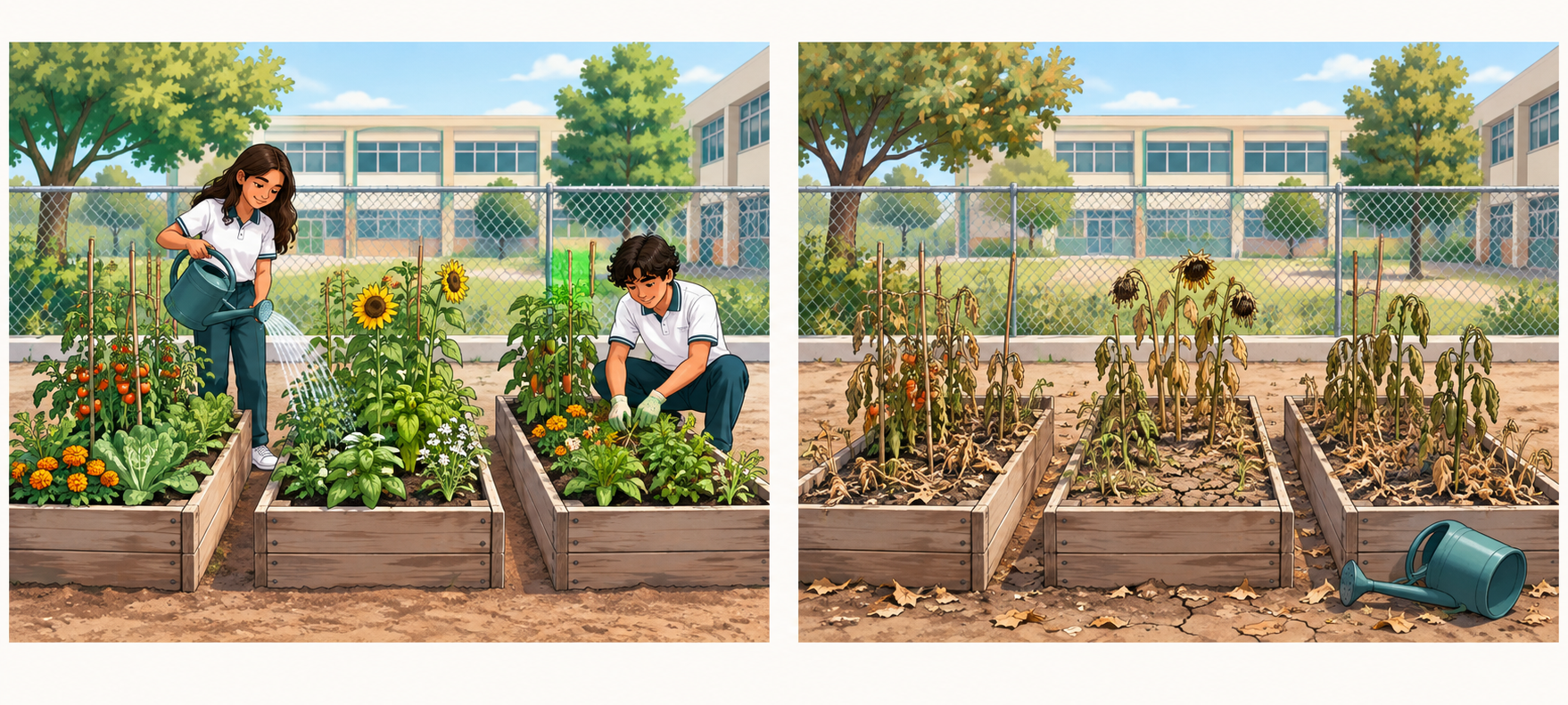 Dos escenas del mismo huerto: estudiantes cuidan plantas verdes; después, las plantas aparecen secas y la regadera está volcada en el suelo.