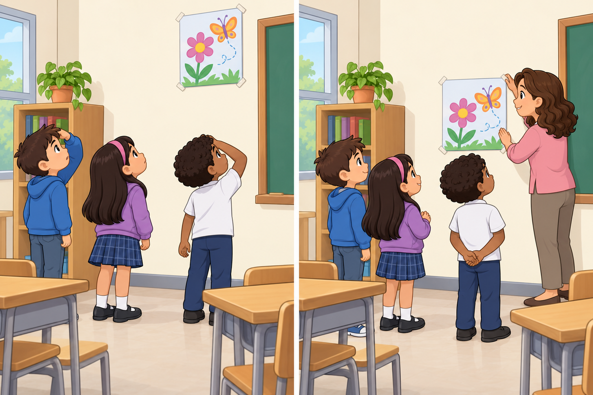 Dos viñetas del mismo salón: tres niños miran un cartel de flores y mariposas colocado en alto; después, una maestra lo sitúa más abajo.