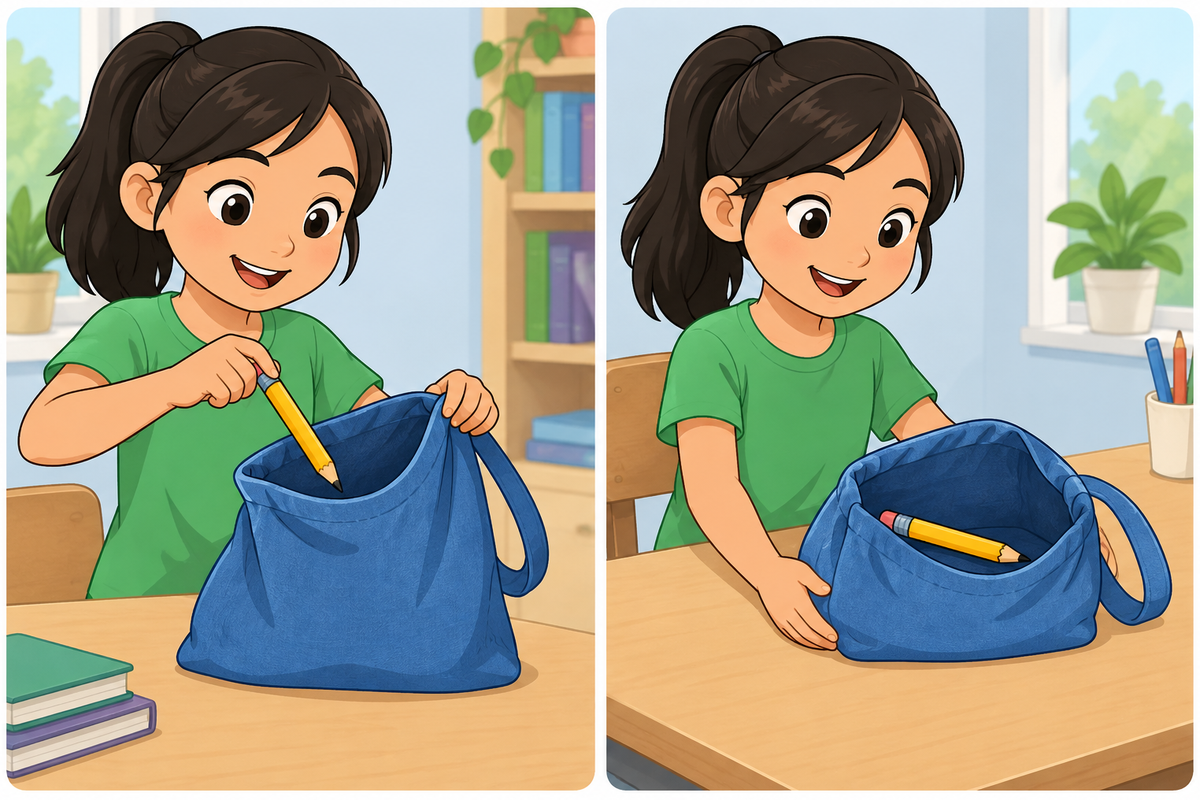 Dos viñetas: una niña introduce un lápiz amarillo en una bolsa azul y después sostiene la bolsa abierta sobre un escritorio.