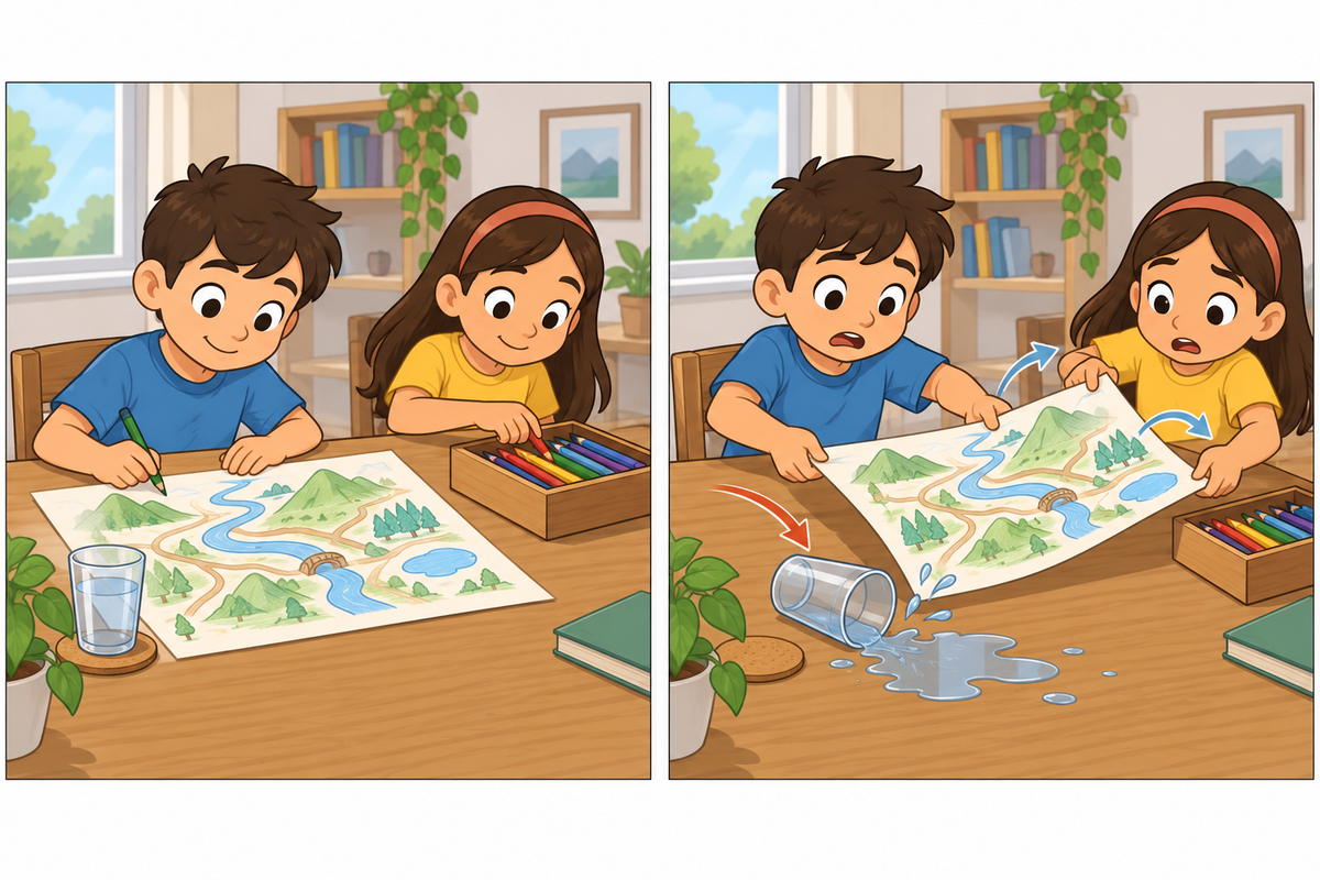Dos viñetas: un niño dibuja un mapa mientras una niña elige colores; después ambos levantan el mapa junto a un vaso volcado que derrama agua.