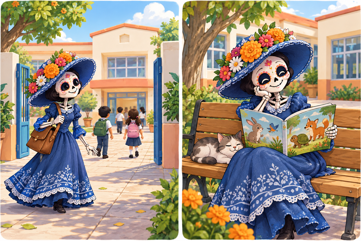 Dos viñetas de una figura de esqueleto vestida de azul y con sombrero de flores: camina junto a una escuela y después lee un libro ilustrado en un banco, acompañada por un gato.
