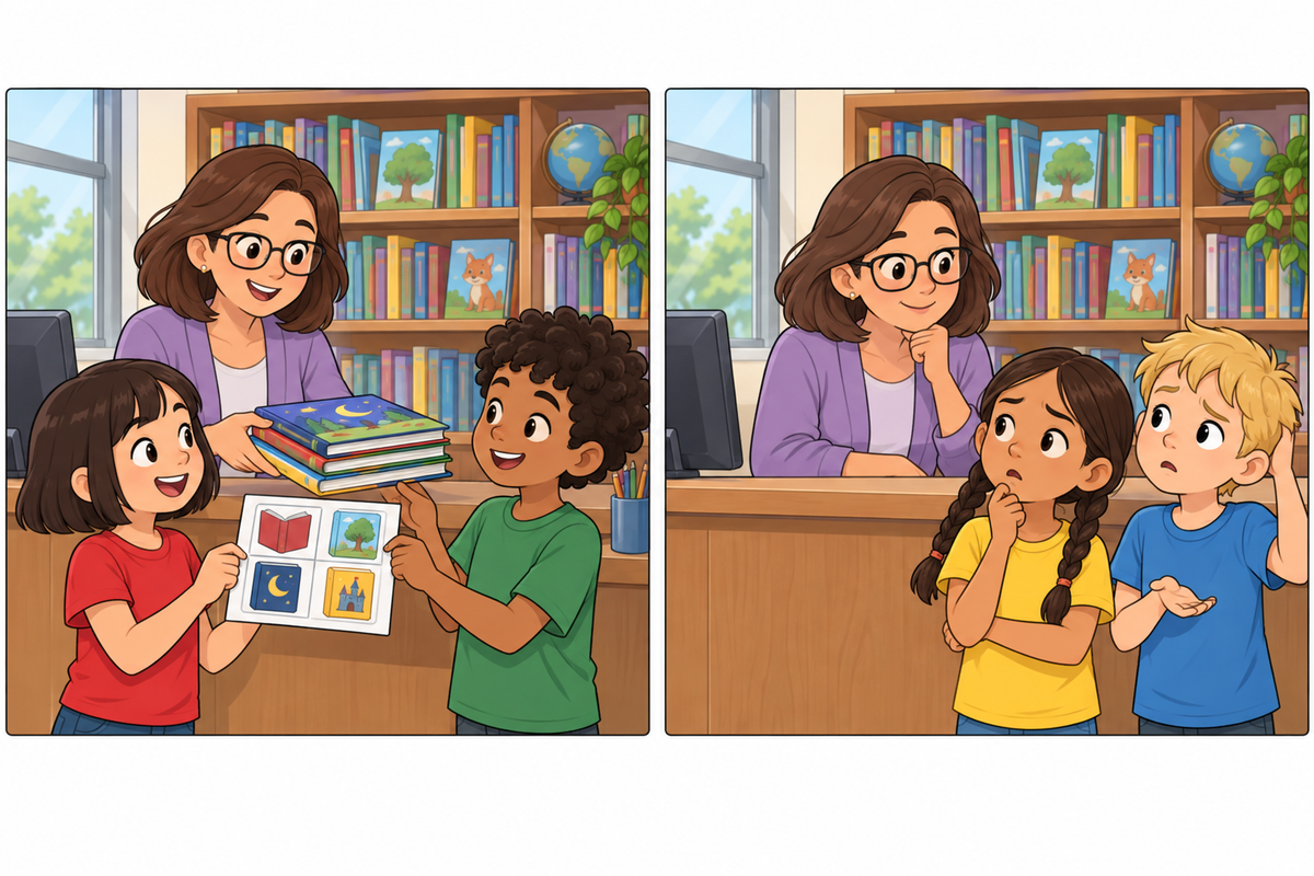 Dos escenas en una biblioteca: dos niños muestran una hoja con dibujos mientras una bibliotecaria les entrega libros; otros dos niños miran a la bibliotecaria con gesto de duda.