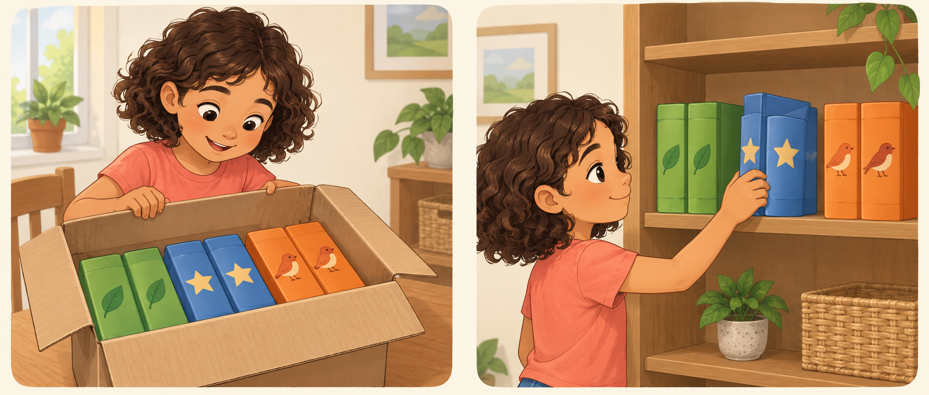 Dos viñetas: una niña abre una caja con libros verdes, azules y naranjas; después elige un libro azul de un estante con los libros agrupados por color y símbolo.
