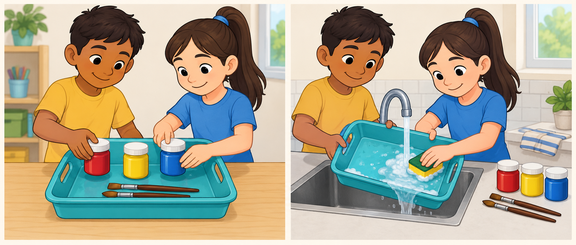 Dos viñetas: dos niños colocan botes de pintura y pinceles en una charola azul; después lavan la charola con una esponja bajo el grifo.