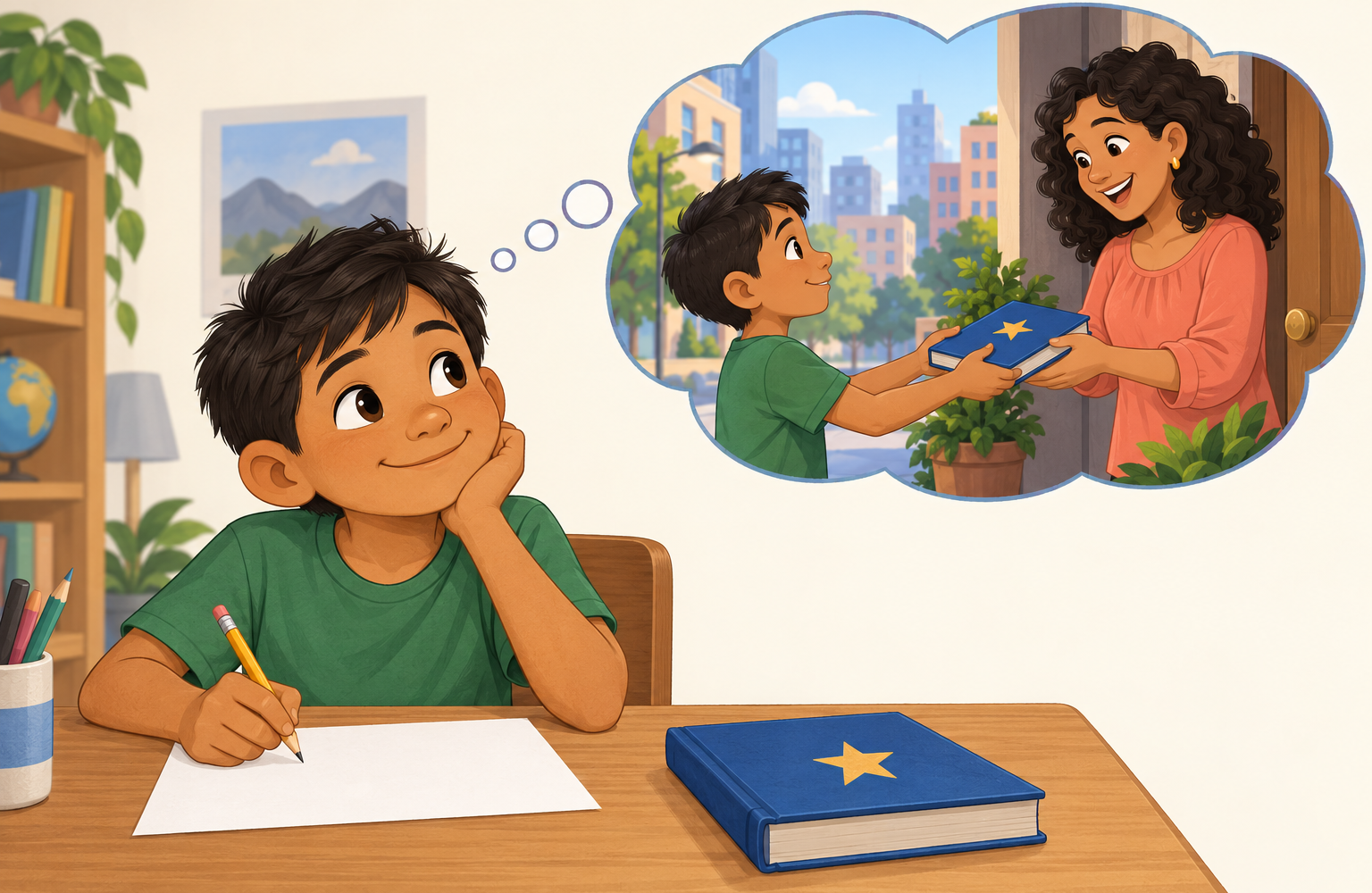 Un niño escribe junto a un libro azul con una estrella; una burbuja de pensamiento lo muestra entregando ese libro a una mujer ante una puerta.