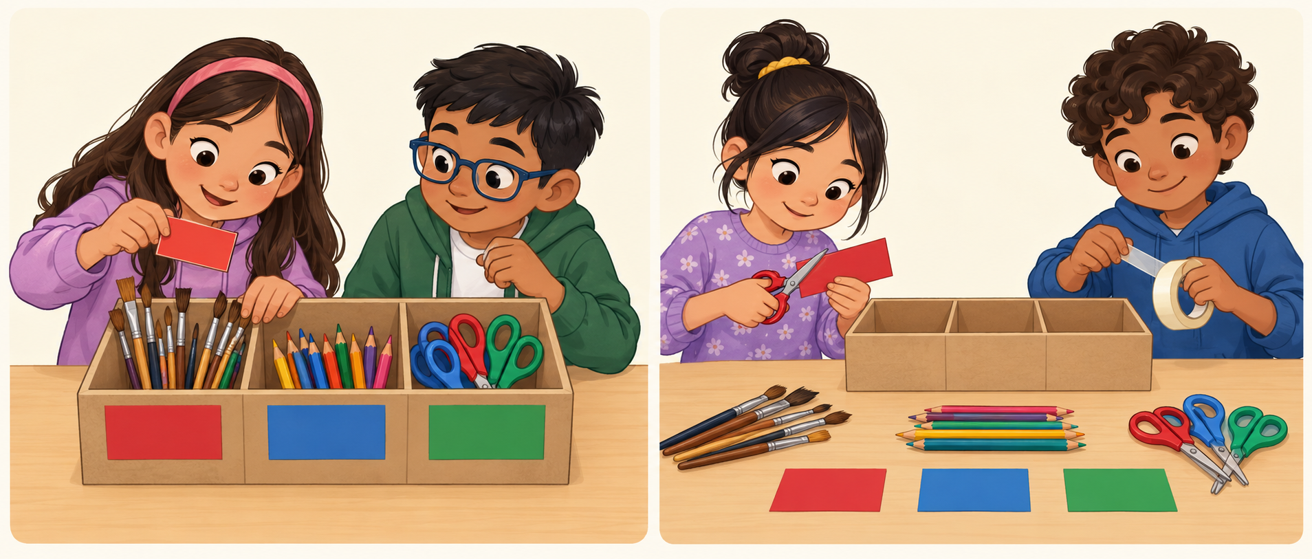 Dos escenas: dos niños usan una caja de materiales con etiquetas rojas, azules y verdes; otros dos preparan etiquetas junto a una caja vacía y materiales sobre la mesa.