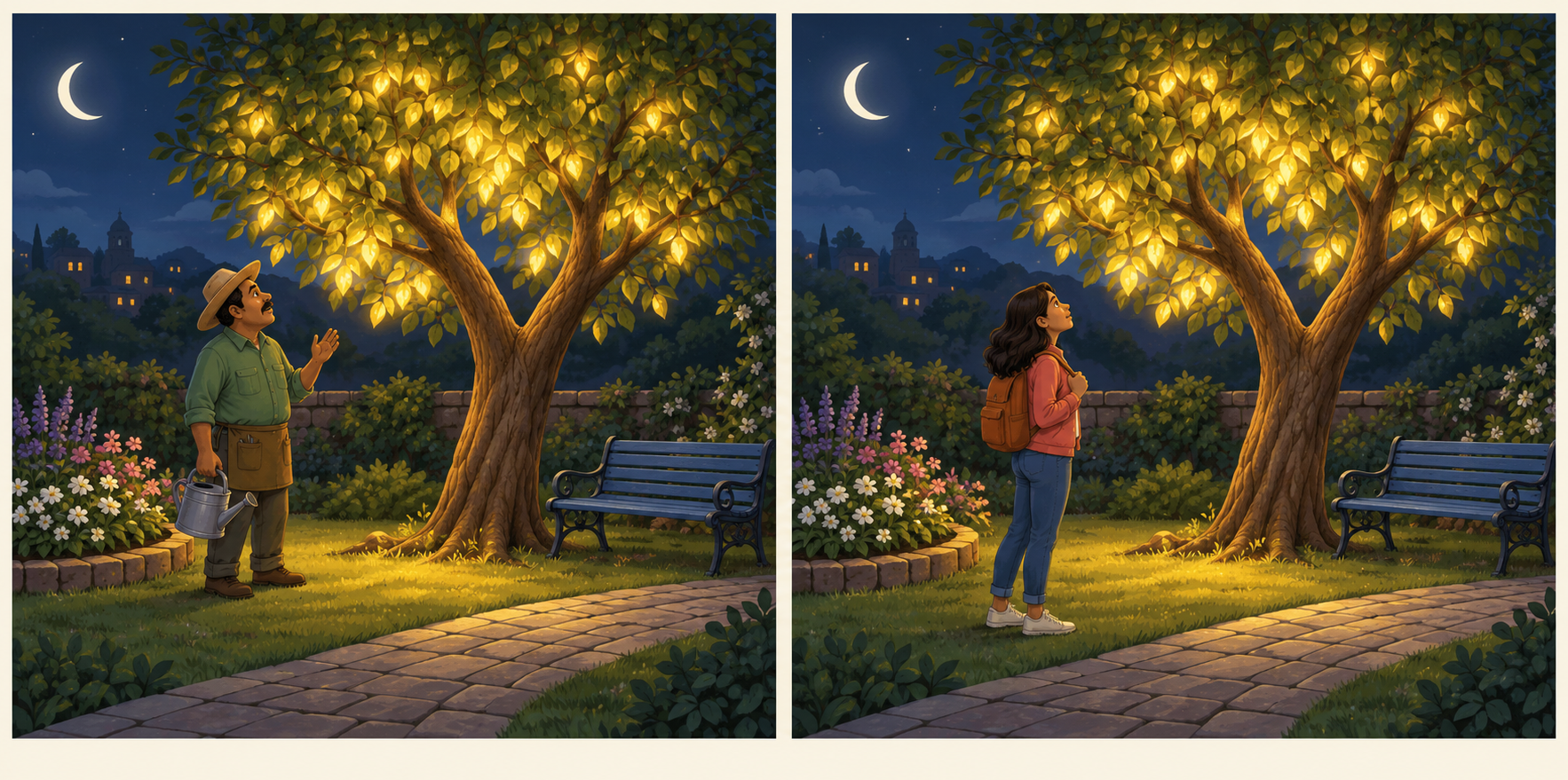 Dos escenas nocturnas del mismo jardín: un hombre con sombrero y regadera y una mujer con mochila observan un árbol de hojas luminosas junto a un banco.