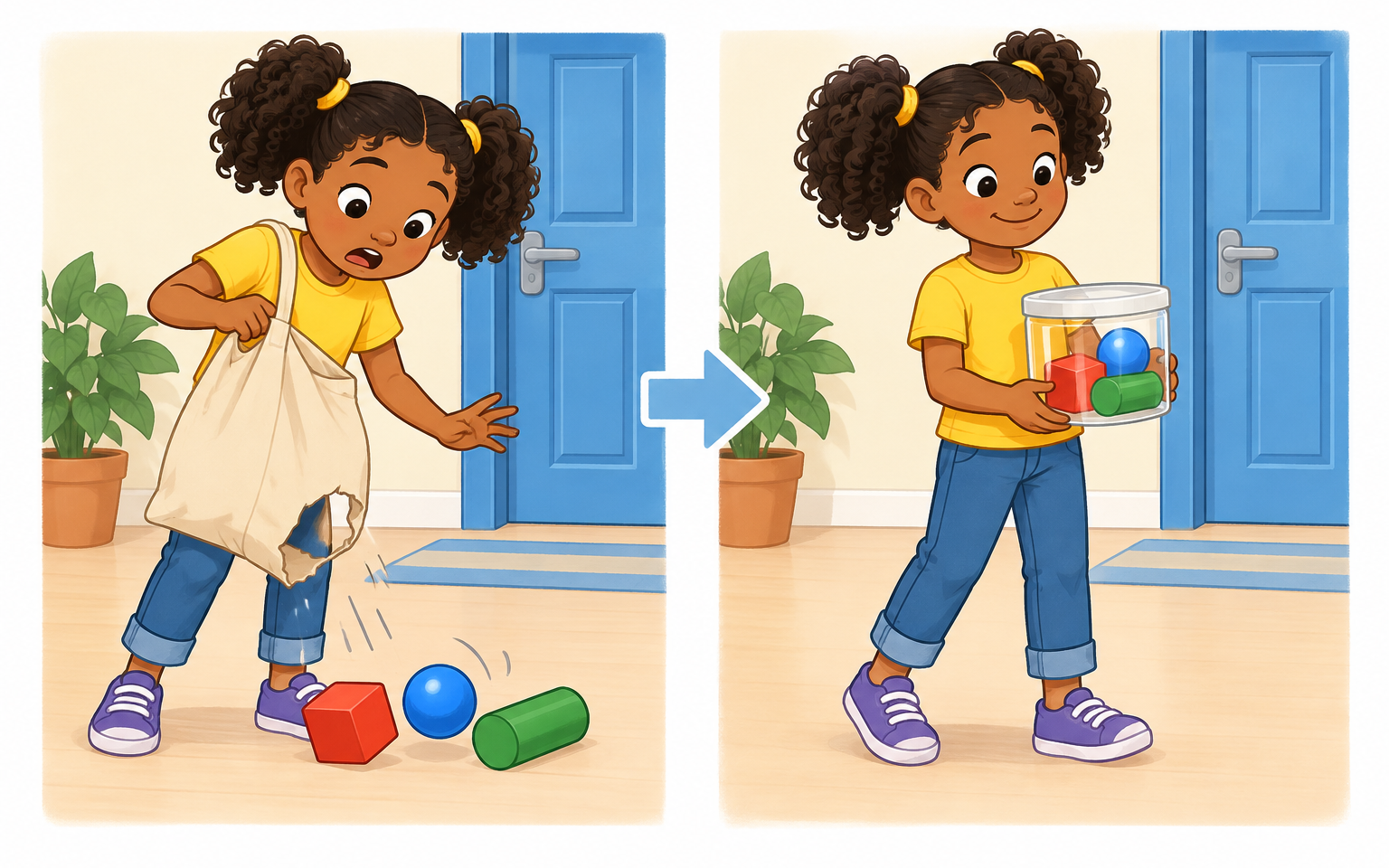 Uma menina deixa cair três peças geométricas de uma sacola rasgada e depois leva as mesmas peças num pote fechado, diante da mesma porta azul.
