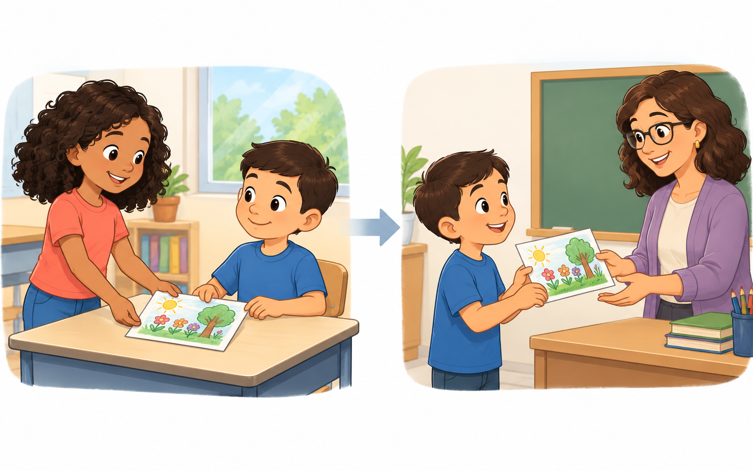 Duas cenas mostram uma menina colocando um desenho de jardim na mesa de um menino e, depois, o menino entregando o desenho à professora.
