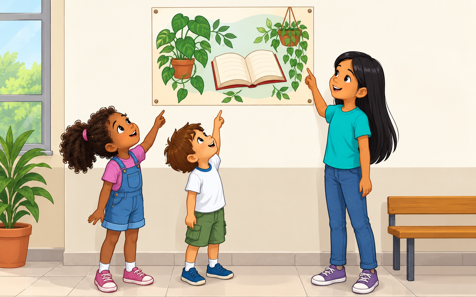 Duas crianças pequenas e uma menina mais alta apontam um cartaz de livro e plantas afixado acima delas.