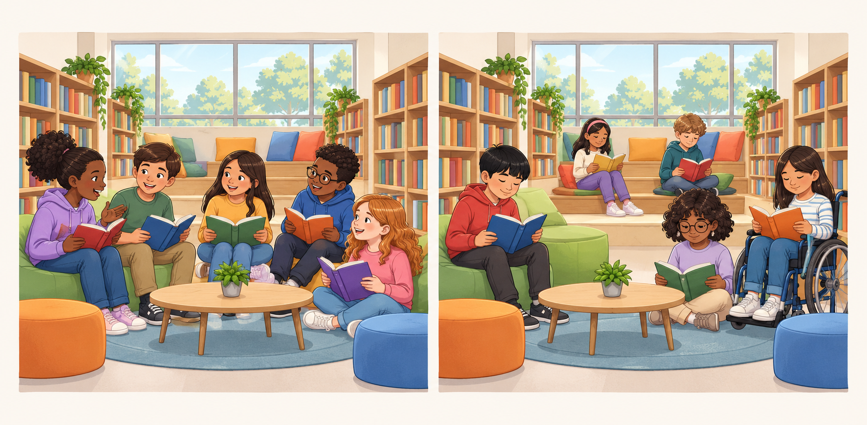 Dois grupos de crianças usam o mesmo espaço de biblioteca: um conversa com livros abertos e outro lê em silêncio.