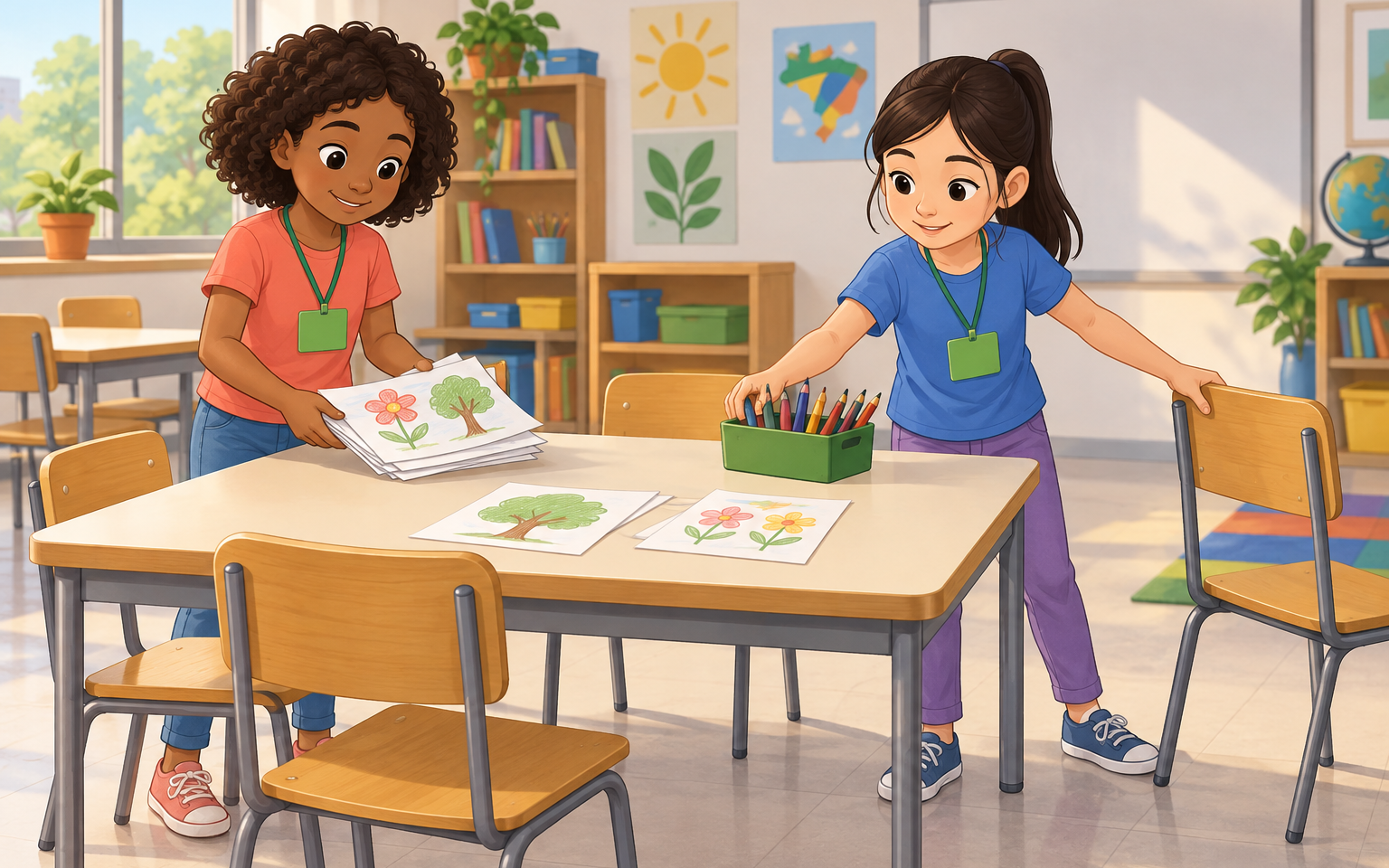 Duas meninas com crachás verdes arrumam a sala: uma recolhe desenhos e outra organiza lápis e uma cadeira.