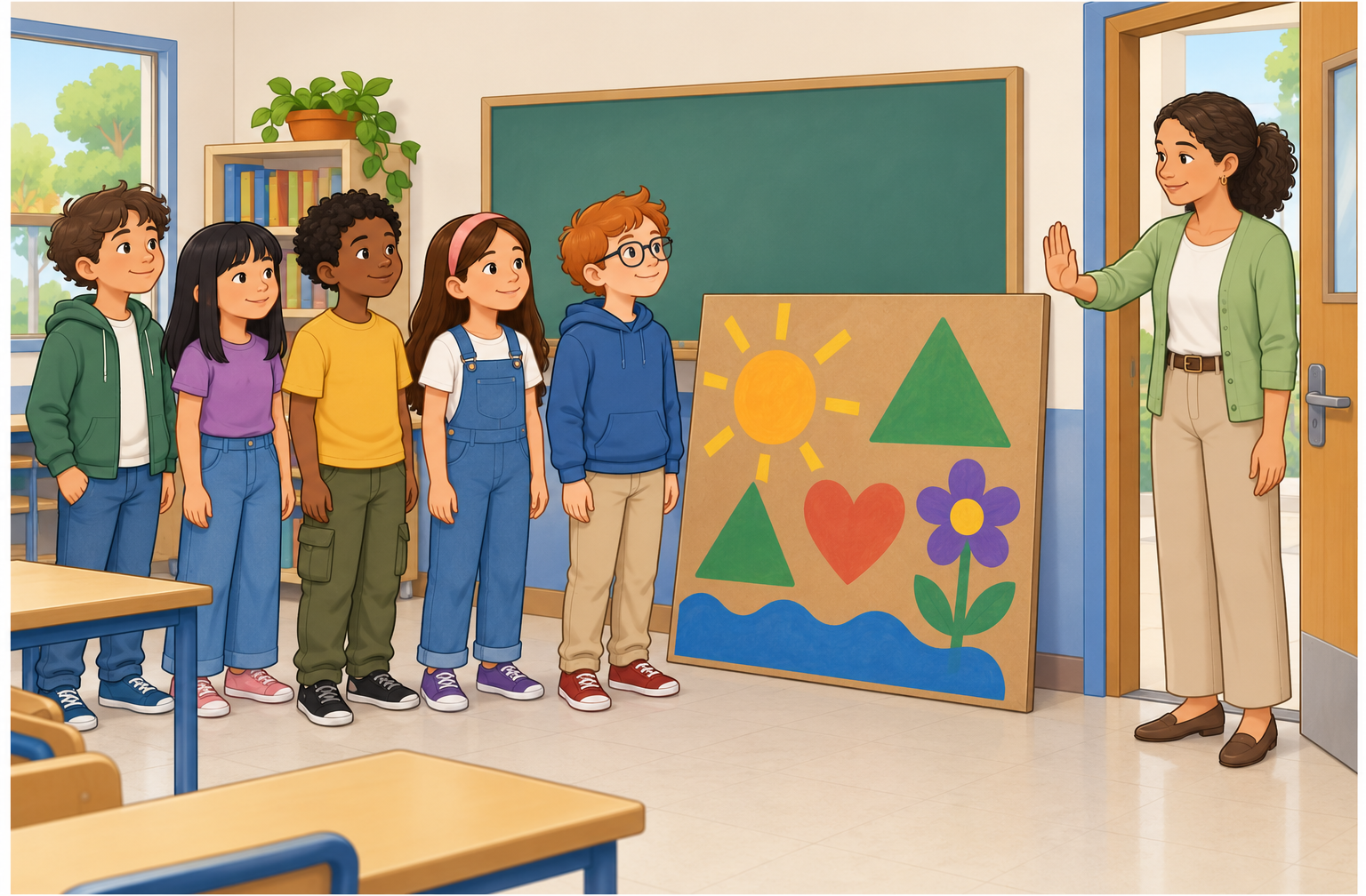 Cinco estudantes aguardam ao lado de um painel pintado, enquanto a professora levanta a mão junto da porta da sala.