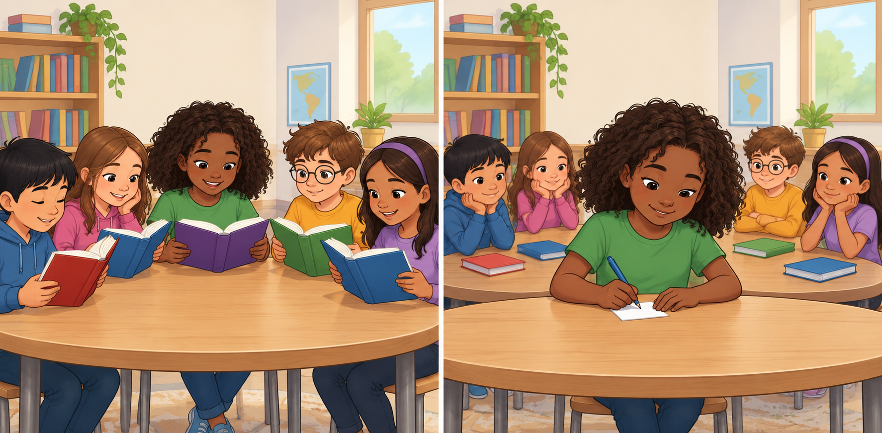 Duas cenas mostram um grupo lendo e depois uma menina escrevendo um bilhete diante dos colegas.