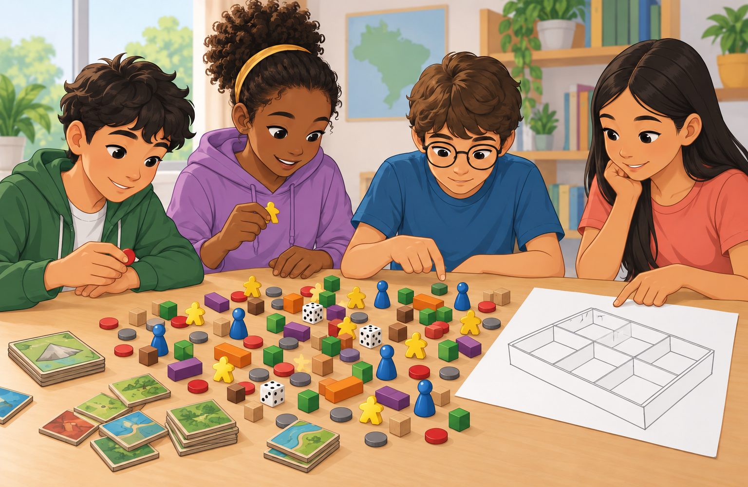 Quatro estudantes observam peças de jogos espalhadas numa mesa e o desenho de uma caixa com divisórias.