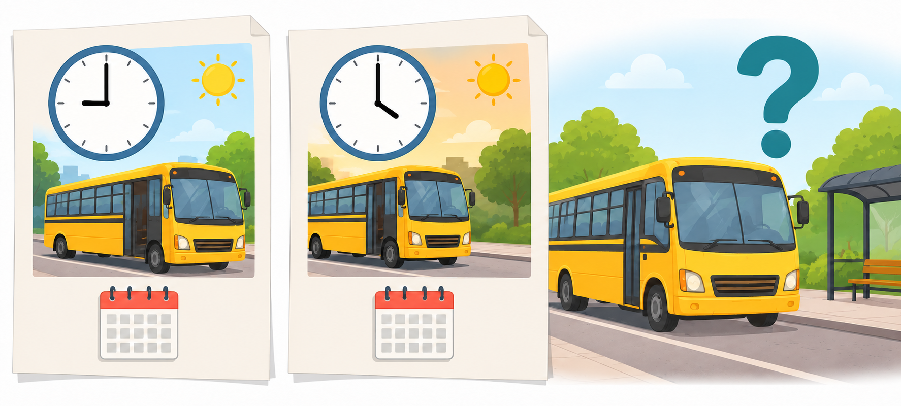 Dois documentos ilustrados mostram um ônibus às 9h e às 16h; ao lado, outro ônibus aparece sob um ponto de interrogação.