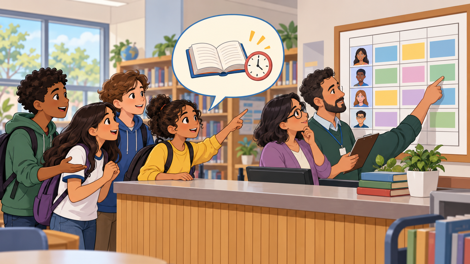 Um grupo de estudantes conversa com dois adultos numa biblioteca; um deles aponta um quadro de horários e um balão mostra um livro e um relógio.