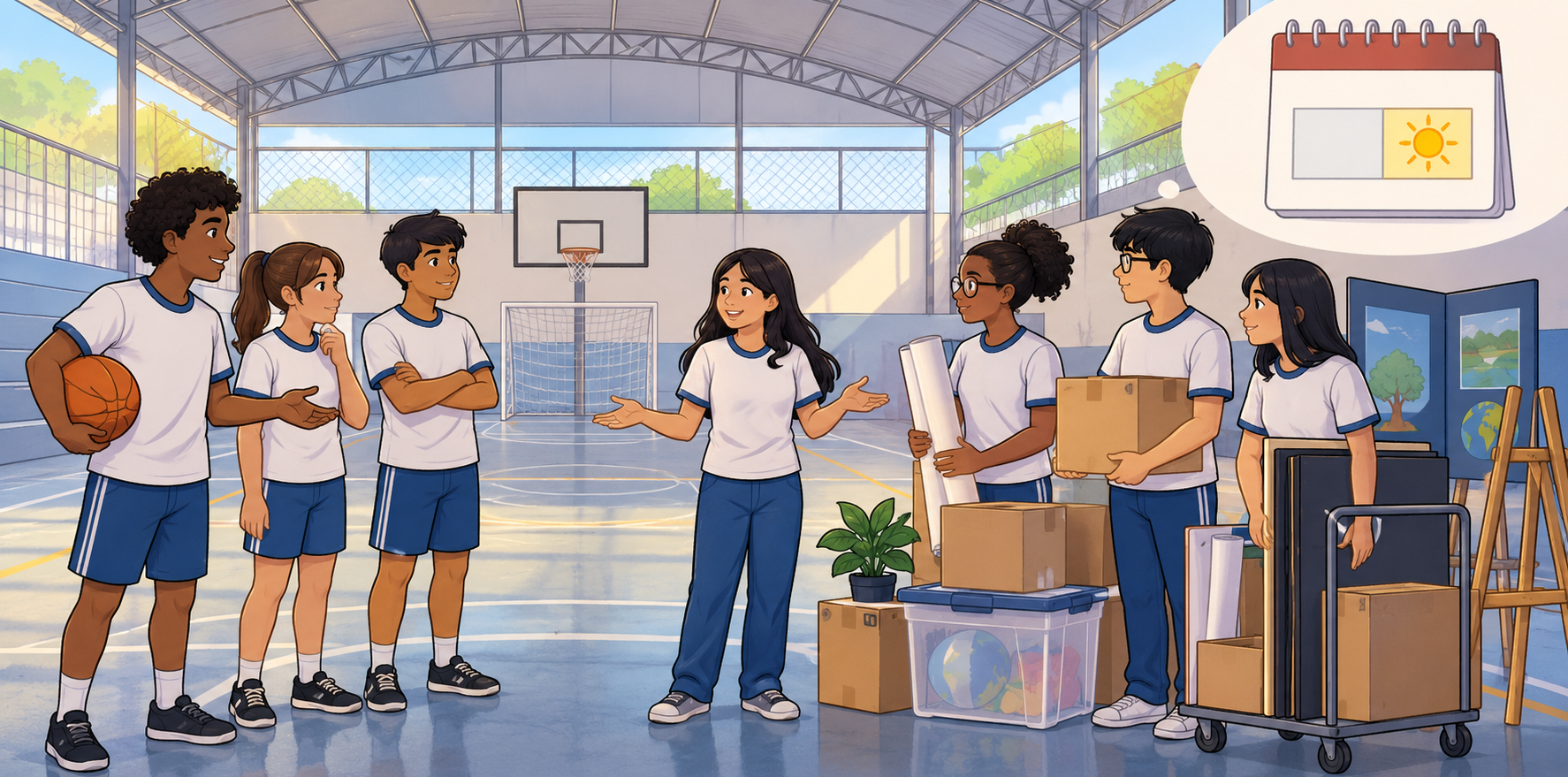 Estudantes conversam numa quadra coberta: um grupo tem uma bola e outro traz caixas e quadros; um balão mostra um calendário com o sol.