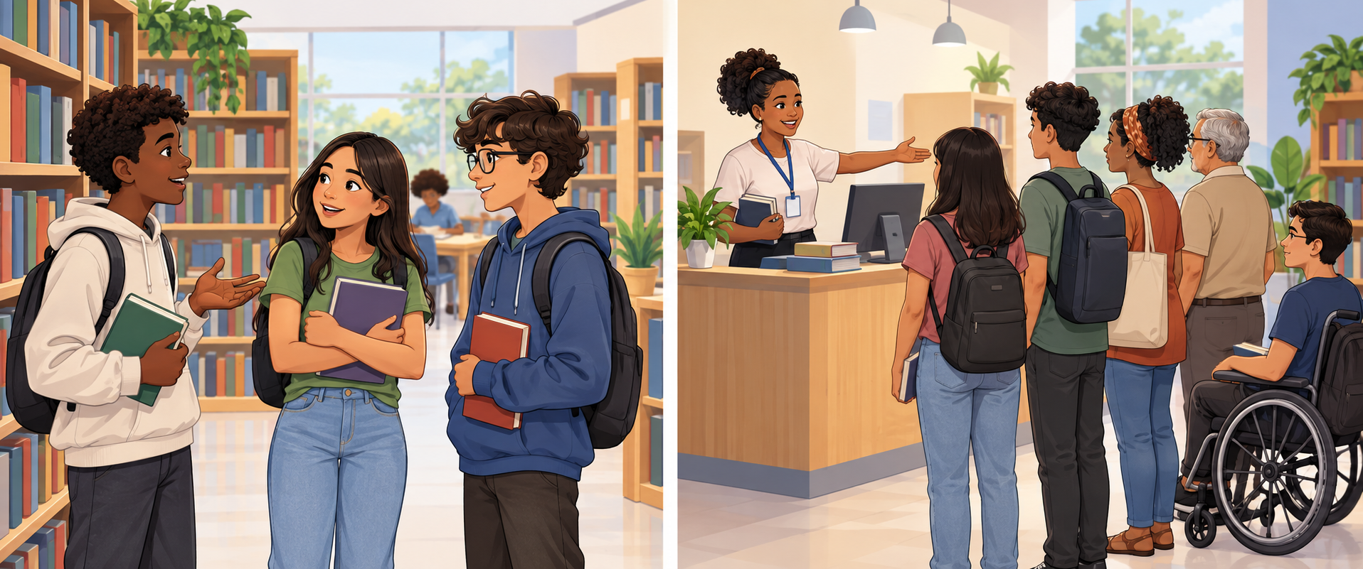 Duas cenas de biblioteca mostram três jovens conversando com livros e uma funcionária orientando uma fila de usuários.