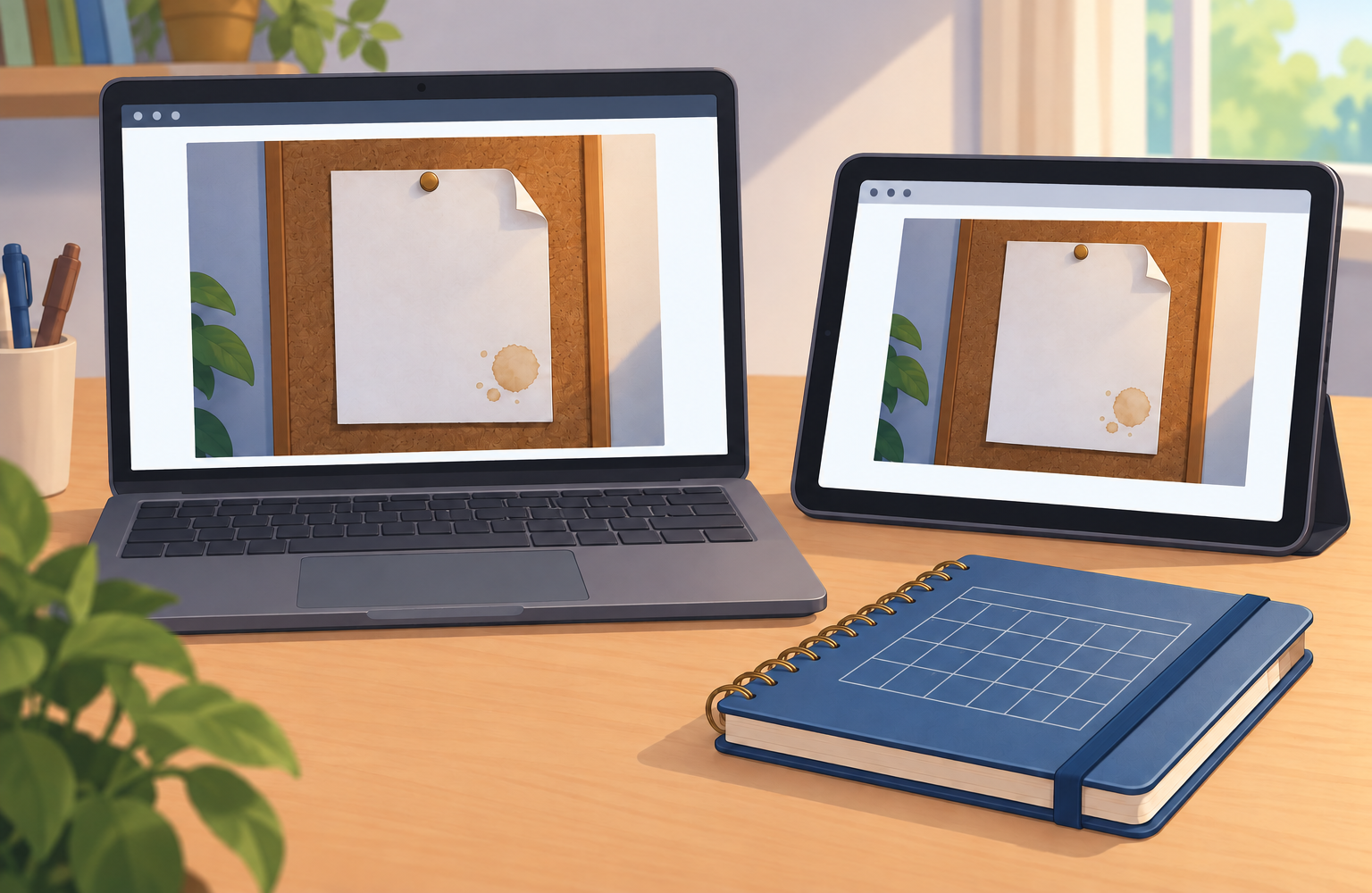 Um computador e um tablet exibem a mesma fotografia de uma folha presa num quadro; ao lado há um caderno com calendário.